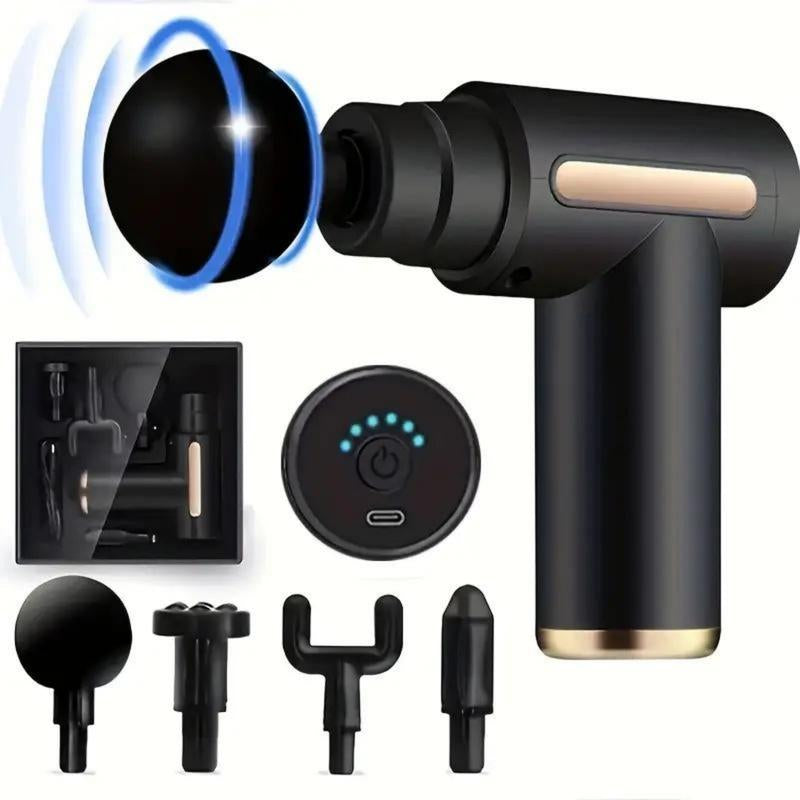 Portable USB Rechargeable 6-Speed Body Massage Gun with Adjustable Multifunctional Fascia Gun for Muscle Recovery, Neck and Back Pain Relief, and Post-Workout Relaxation; Includes 4 Replaceable Heads and Ultra-Quiet Brushless Motor in Black