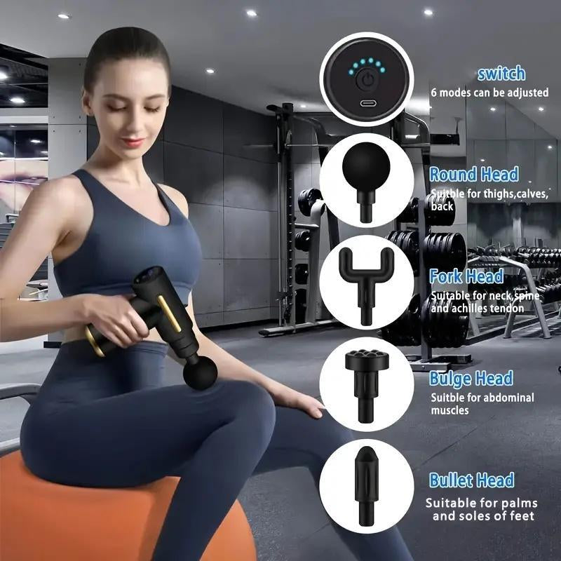 Portable USB Rechargeable 6-Speed Body Massage Gun with Adjustable Multifunctional Fascia Gun for Muscle Recovery, Neck and Back Pain Relief, and Post-Workout Relaxation; Includes 4 Replaceable Heads and Ultra-Quiet Brushless Motor in Black