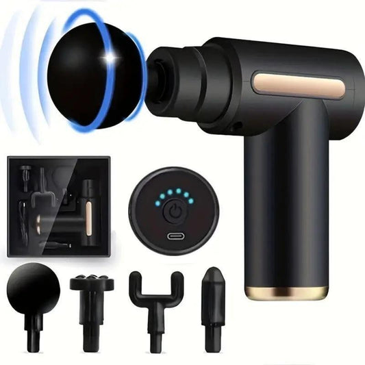 Portable USB Rechargeable 6-Speed Body Massage Gun with Adjustable Multifunctional Fascia Gun for Muscle Recovery, Neck and Back Pain Relief, and Post-Workout Relaxation; Includes 4 Replaceable Heads and Ultra-Quiet Brushless Motor in Black