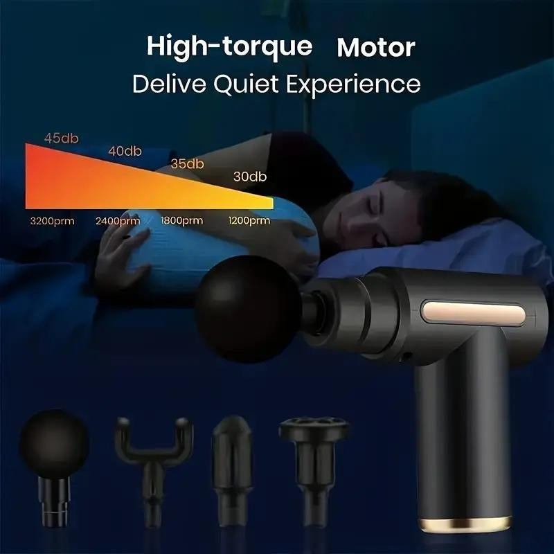 Portable USB Rechargeable 6-Speed Body Massage Gun with Adjustable Multifunctional Fascia Gun for Muscle Recovery, Neck and Back Pain Relief, and Post-Workout Relaxation; Includes 4 Replaceable Heads and Ultra-Quiet Brushless Motor in Black